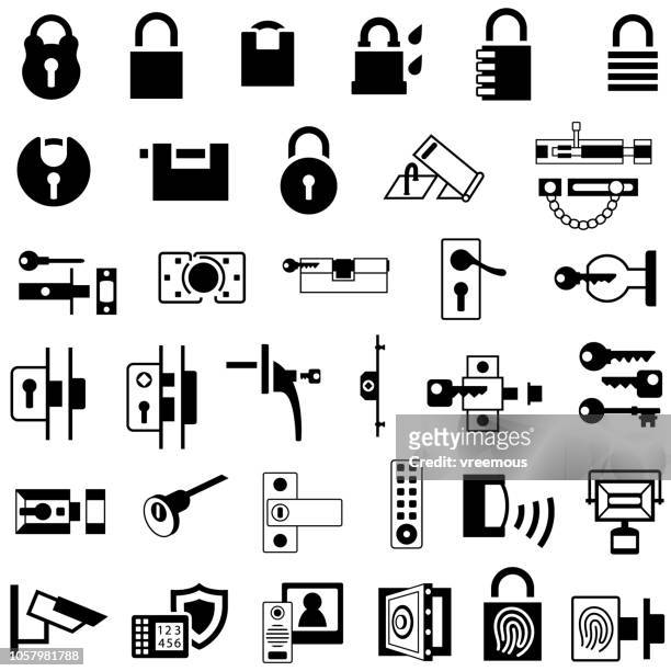 Single color icons of house locks and security products. Isolated.